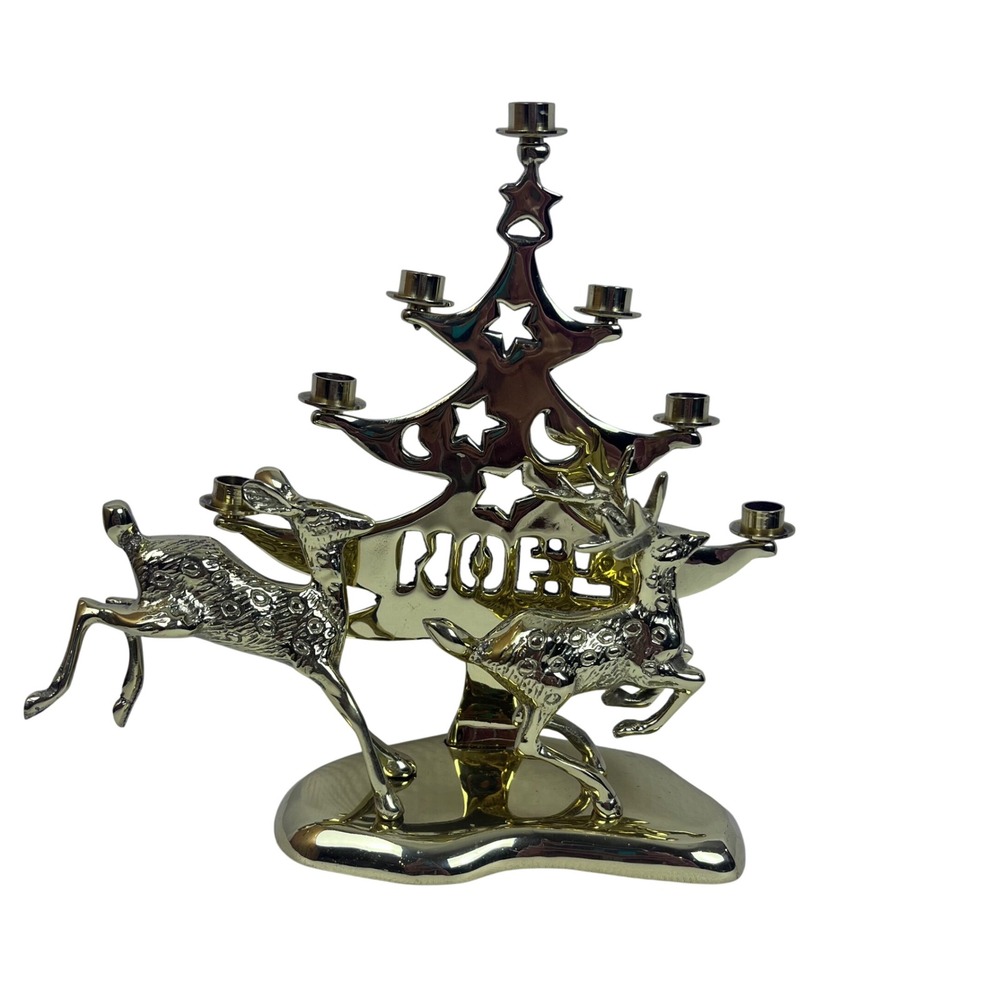Vintage Brass Christmas Tree Candelabra Reindeer Noel Candle Holder
